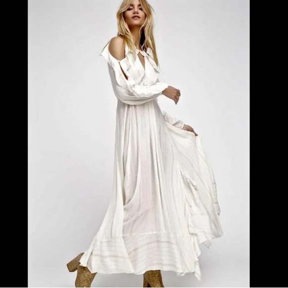 Free People New Huxley Maxi Elegant Off-Shoulder Open Back Off White Dress - Picture 8 of 9